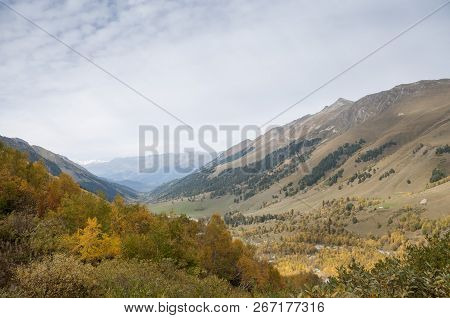 Autumn Landscape In The Mountains Of The Caucasus. Russia, Karachay-cherkess Republic, Near The Sett