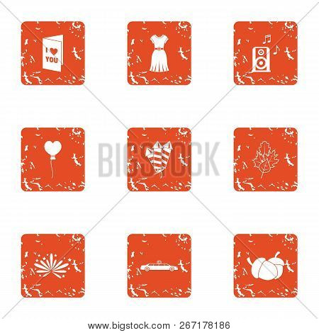 Congratulations To Beloved Icons Set. Grunge Set Of 9 Congratulations To Beloved Vector Icons For We