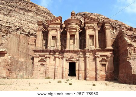 Facade of famous ancient monastery Ad Deir in Petra (Red Rose City), Jordan. UNESCO world heritage site