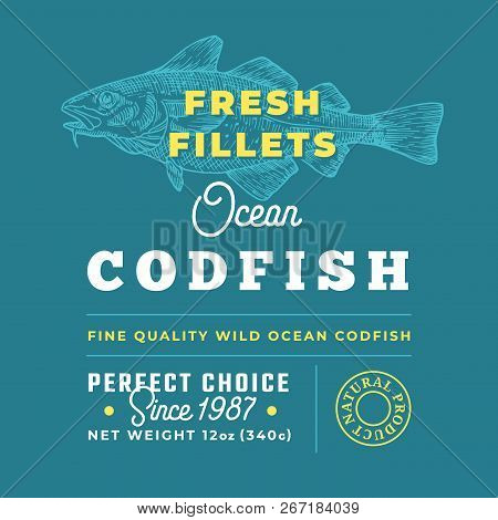 Fresh Fillets Premium Quality Label . Abstract Vector Fish Packaging Design Layout. Retro Typography