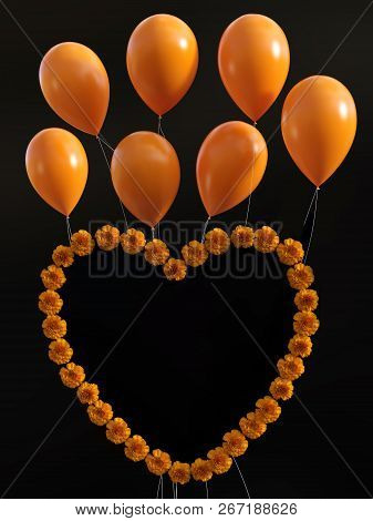 3d Rendering Of A Heart Of Orange Carnations With Orange Balloons Over. Black Background.