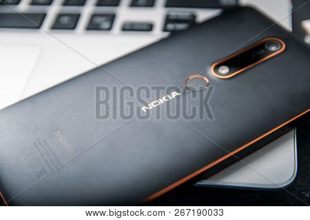 Wroclaw, Poland -  October 10th, 2018: Nokia 6.1 Smartphone Lies On Laptop. Nokia 6.1 Is A Nokia-bra