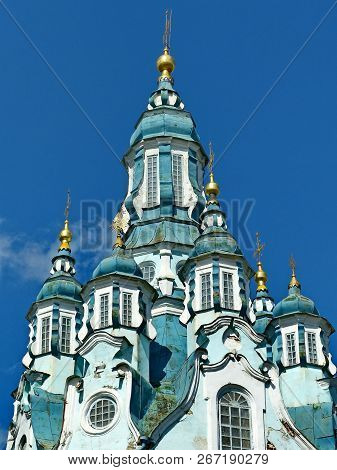 Transfiguration Church (construction 1794-1823) Against The Blue Sky. Village Nizhnyaya Sinyachikha