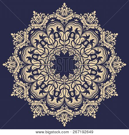 Oriental Round Golden Pattern With Arabesques And Floral Elements. Traditional Classic Ornament. Vin
