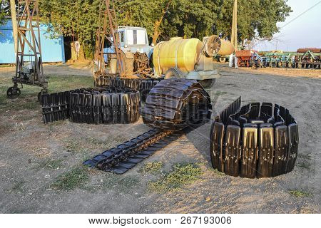 Track New Combine. Parts Of Agricultural Machinery. Track Prepared For Mounting On The Harvester.