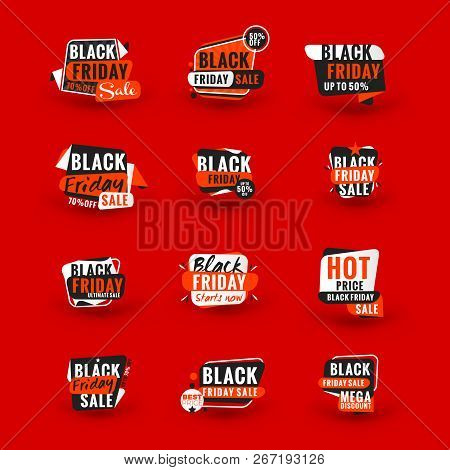 Black Friday Sale Sticker. Discount Banner. Special Offer Sale Tag. Red And Black Color Theme. Vecto