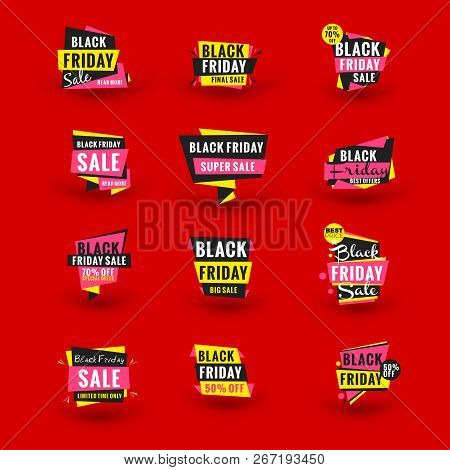 Set Of Black Friday Sale Stickers. Discount Banner. Special Offer Sale Tag. Red And Black Color Them