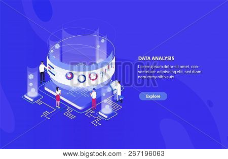 Creative Web Banner Template With Tiny People Standing Around Giant Integral Circuit, Charts, Diagra
