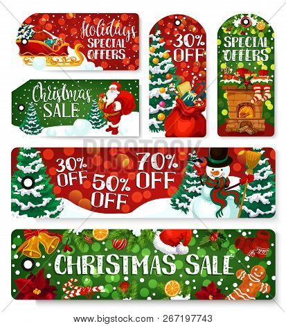 Christmas Seasonal Sale Shop Tags, Store Banners For Special Promo Of Winter Holiday Shopping. Vecto