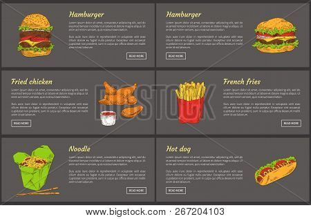 Hamburger And Fried Chicken Served With Ketchup Tomato Sauce. French Fries Sticks In Package And Noo