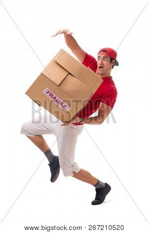 Handsome contractor holding fragile box isolated on white 