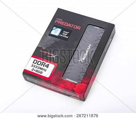 Uzhgorod, Ukraine - October 25, 2018: Box Of Random Access Memory Kingston Ddr4-3333 Hyperx Predator