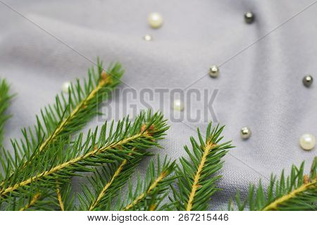 Green Branches Of Spruce With A Cozy Warm Knitted Scarf, Place For Text. Rustic Christmas Tree And W