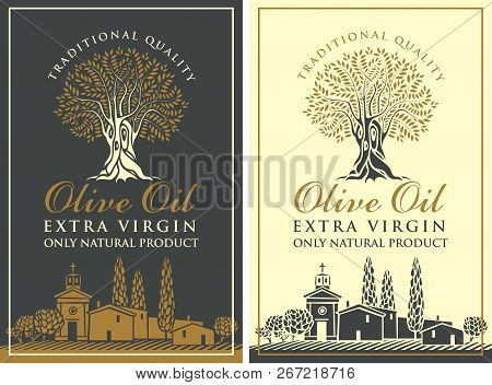 Set Of Vector Banners Or Labels For Extra Virgin Olive Oil With Olive Tree, Calligraphic Inscription