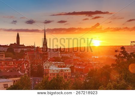 Scenic Aerial View Of The Old Town With Oscar Fredrik Church In The Gorgeous Sunset, Gothenburg, Swe