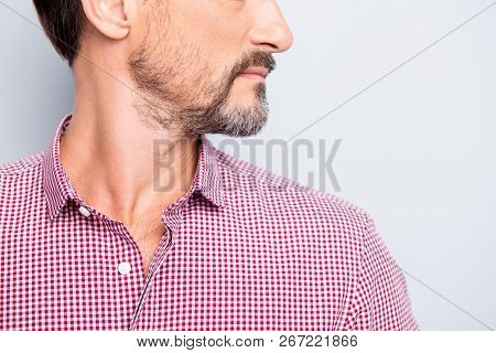 Cropped Close Up Photo Of Attractive Handsome Good-looking Man Turn Head Aside Isolated On Light Gra