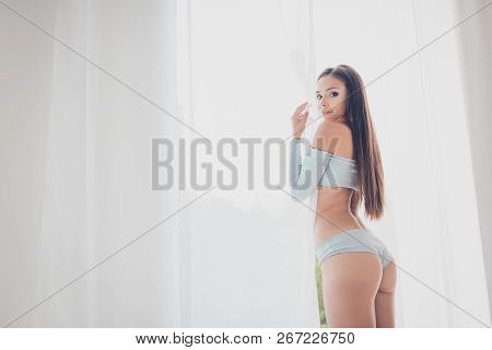 Rear Behind Close Up View Photo Portrait Of Beautiful Charming Alluring Calm Hot Fit With Big Ass So