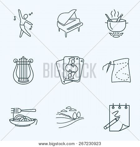 Hobby Icons Line Style Set With Dancing, Harp, Sketching And Other Lyre Elements. Isolated Vector Il