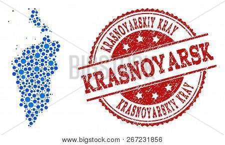 Compositions Of Blue Map Of Krasnoyarskiy Kray And Red Grunge Stamp Seal. Mosaic Map Of Krasnoyarski
