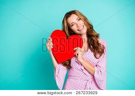 Good-dressed Magnificent Exquisite Delicate Lady With Her Hairstyle She Hold Big Red Heart Near Face
