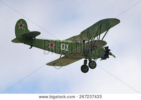 Soviet Single-engine Biplane Policarpov Po-2 Or U-2 At An Air Show In Mochishche