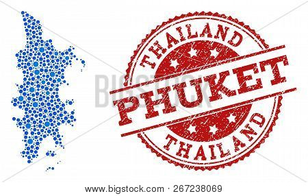 Compositions Of Blue Map Of Phuket And Red Grunge Stamp Seal. Mosaic Map Of Phuket Is Designed With 