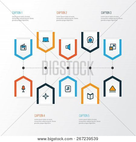 Multimedia Icons Colored Line Set With Textbook, Eject, Minimize And Other Arrow Elements. Isolated 