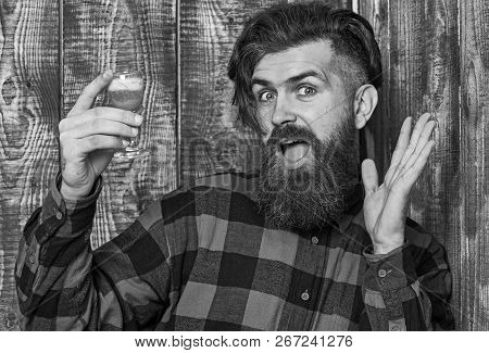 Become Drunk Concept. Barman With Beard And Cheerful Face