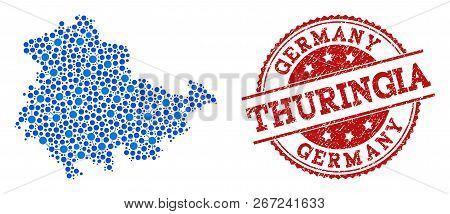 Compositions Of Blue Map Of Thuringia State And Red Grunge Stamp Seal. Mosaic Map Of Thuringia State