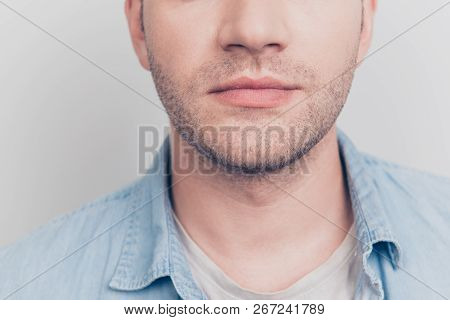 Cropped Close Up Portrait Of Gentleman Face Isolated On Light Gray Background