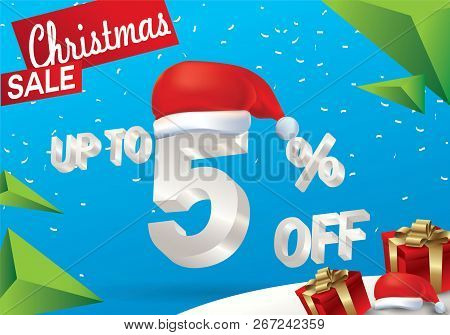 Christmas Sale 5 Percent. Winter Sale Background With 3d Ice Text With Hat Santa Claus Banner And Sn