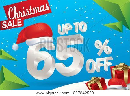 Christmas Sale 65 Percent. Winter Sale Background With 3d Ice Text With Hat Santa Claus Banner And S