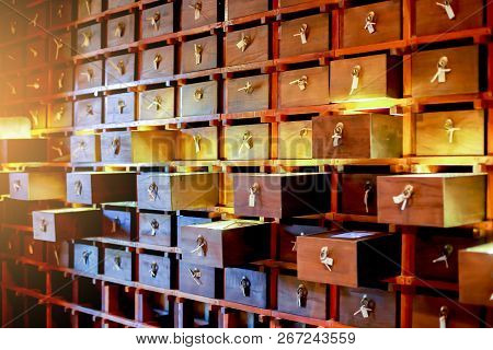 Vintage Background Of Old Wooden Drawers Pattern Texture.