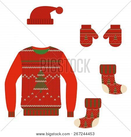 Set Of Christmas Warm Knit Clothes. Vector