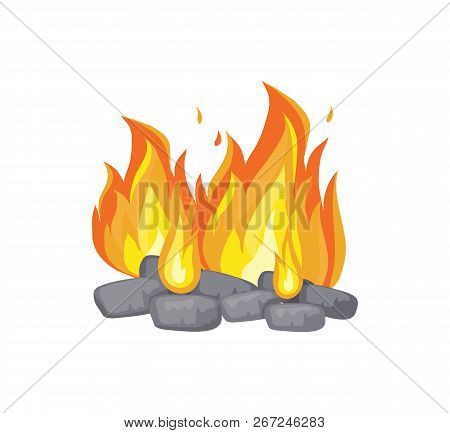 Burning Bonfire With Charcoal, In Cartoon Style Vector Banner. Fire And Flames Badge, Camping Theme,