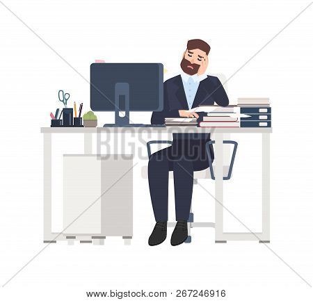 Male Professional Worker Or Clerk Sitting At Desk Completely Covered With Documents. Tired Or Exhaus