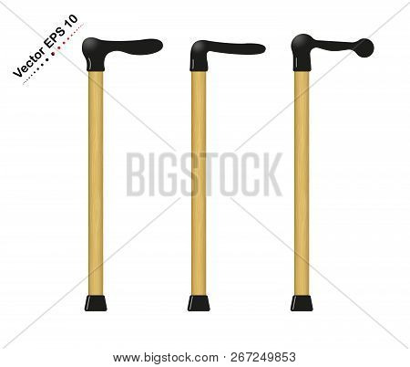 Set Wooden Walking Stick Cane, Assistance, Medical. Vector Illustration Isolated On White Background