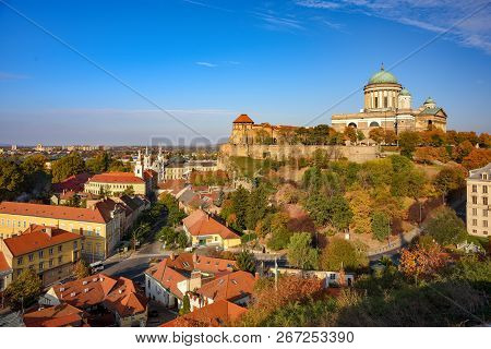 Scenic View Of Royal Castle, Famous Basilica And City Center Of Esztergom, Hungary At Sunny Autumn D