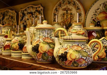 Italian Textile Hand Painted Teapots, Coffee Pots, Oil Pourers And Kitchen Accessories In An Italian