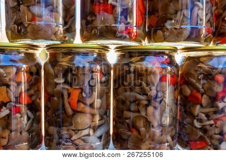 Pickled Honey Mushrooms In Jars At Village Marketplace