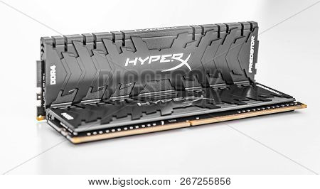 Uzhgorod, Ukraine - October 25, 2018: Random Access Memory Ram Kingston Ddr4 Hyperx Predator Black O
