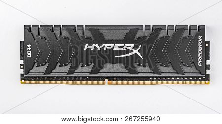 Uzhgorod, Ukraine - October 25, 2018: Random Access Memory Ram Kingston Ddr4 Hyperx Predator Black O