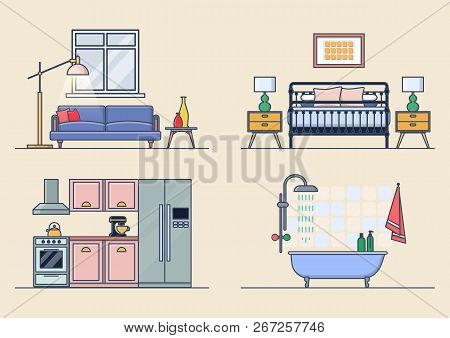 Interiors Of Living Room And Bedroom, Kitchen And Bathroom. Indoor View On Flat Or Apartment Rooms W