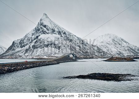 Fredvang Bridges in winter. Lofoten islands, Norway