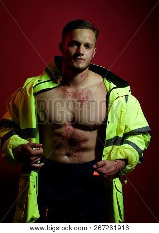 Man Of Any Job. Construction Worker Or Builder. Strong Man In Work Clothes. Hard Worker With Muscula