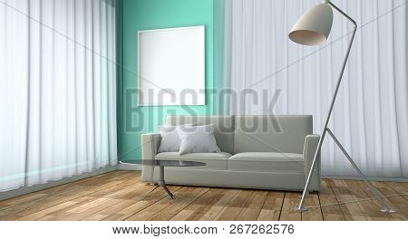 Green Mint Room Interior - Sofa Table Frame And Lamp, Wooden Floor On Green Mint Background. 3d Rend