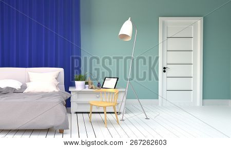 Bed Room Interior - Mint Style - Bed And Pillows, Plants, Lamp, Door, Frame And Wooden Chair, White 