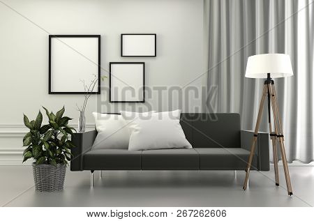 Living Room Interior - Frame Lamp And Sofa Pillows ,plants Wooden On Wall Background. 3d Rendering