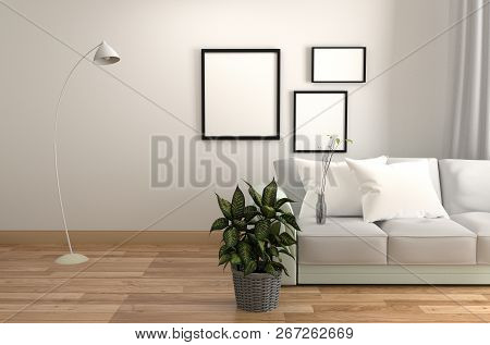 White Room Interior - Living Room Scandinavian Style - Modern Room With Sofa Pillow Lamp Frame And P