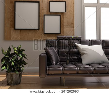 Sofa And Pillow - Room Interior Design - Room Scandinavian Style, Wooden Floor And Frame On Wooden W